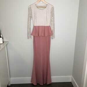 PINK & White Lace Peplum Floor‎  Length Gown